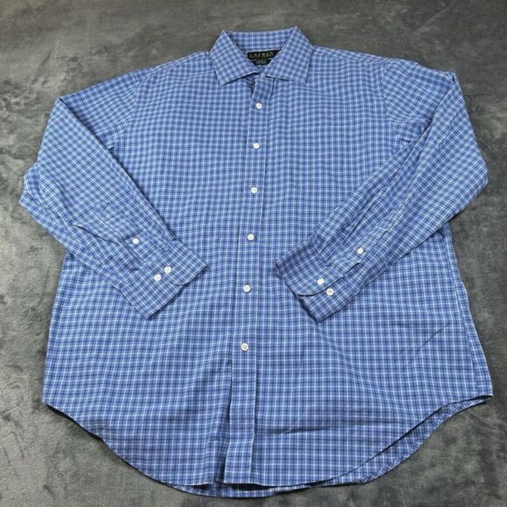 Lauren Ralph Lauren Shirt Mens 17 34/35 Blue Black Check Button Up Long Sleeve